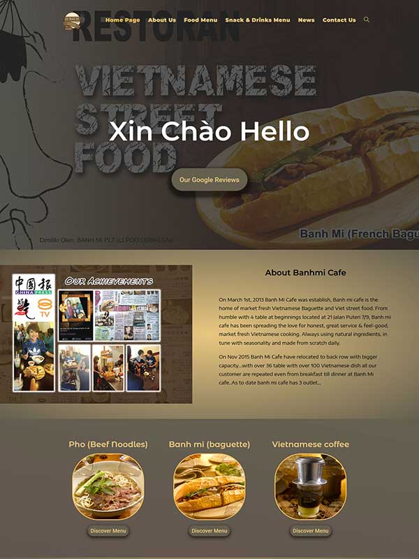 Old website layout for Banh Mi Cafe