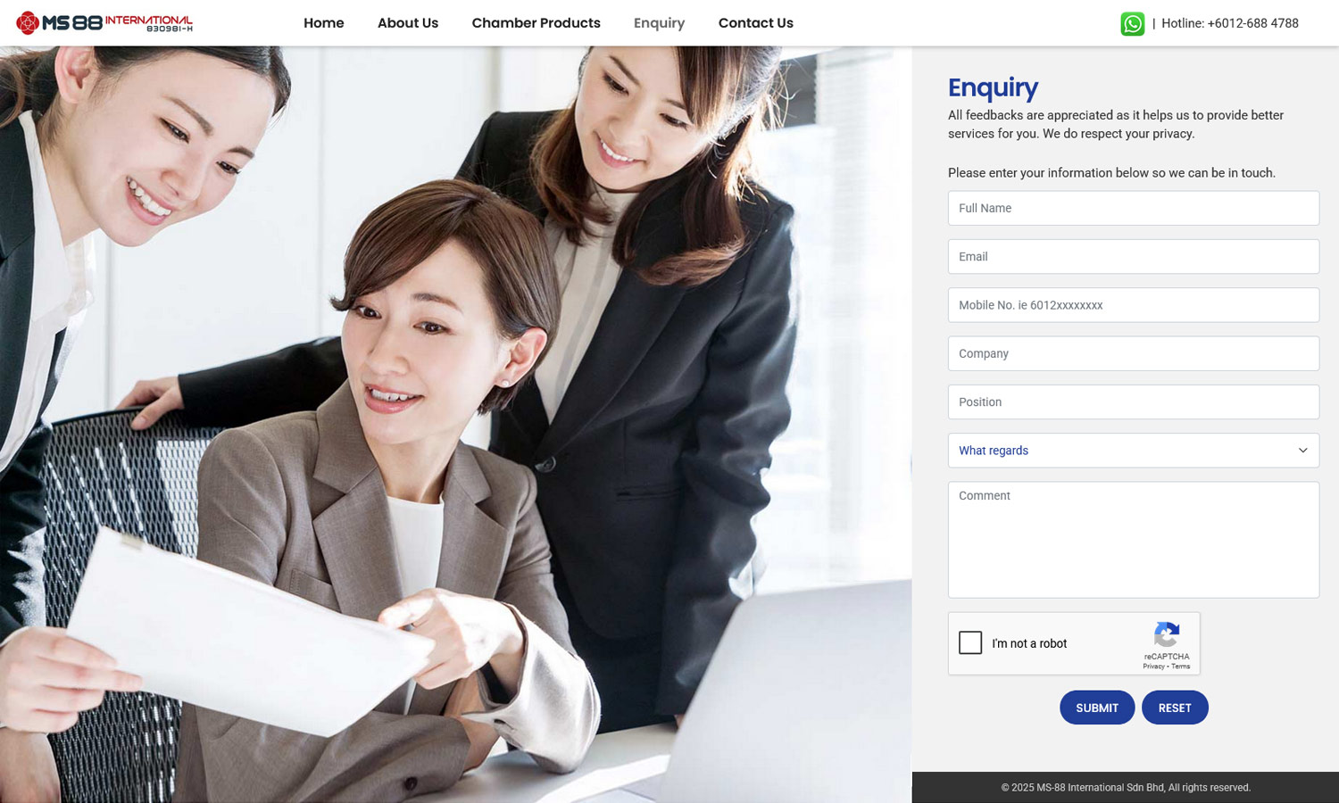 MS88 International desktop view - Enquiry