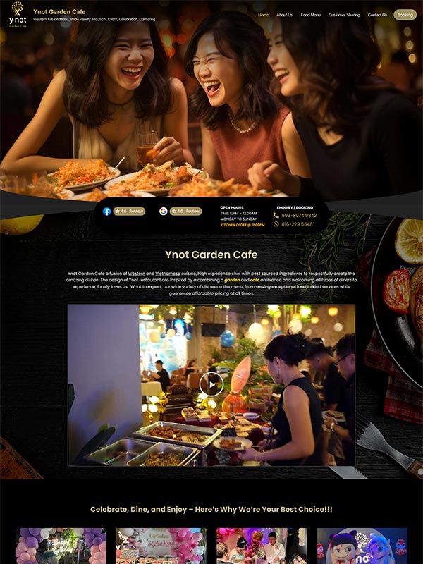 Current website layout for Ynot Garden Cafe